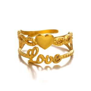 Golden double-layer open ring featuring a polished heart and cursive Love design