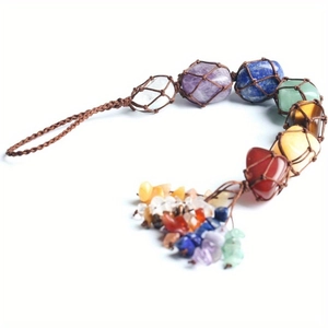 Handmade 7 Chakra natural raw stone hanging ornament with woven rope for car or home decor