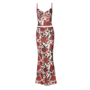 Detailed close-up of floral print V-neck camisole top and matching slim long skirt set