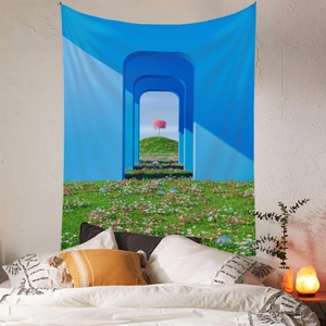 Tenture murale bohème paysage surréaliste avec arches bleues et arbres roses pour décor