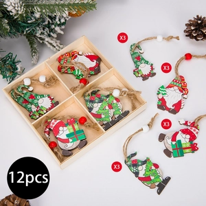 Detail view of 12pcs colorful wooden Christmas gnome pendants in a natural wooden storage box