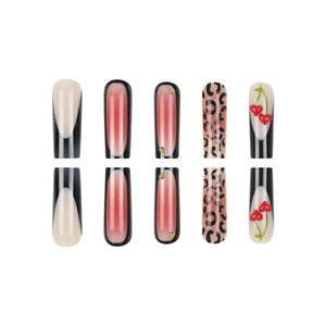 Coffin press-on nails with leopard print, cherry heart charms and French tips