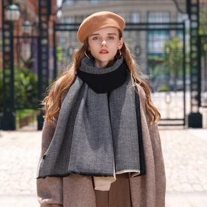 Dual-sided wrinkled faux cashmere scarf with grey and black knit texture for winter