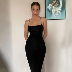 Elegant black bodycon midi dress with spaghetti straps and a side slit for women