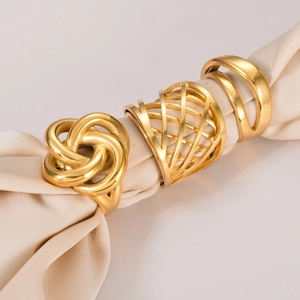 Polished gold stainless steel rings set with knot, mesh and triple-band designs