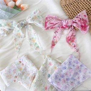 Women Lightweight Diamond Polyester Scarf Korean Style Floral Butterfly Print Hair Band Neckerchief Decorative Scarf