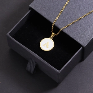 18K gold plated titanium steel necklace with white shell round letter A pendant in a gift box