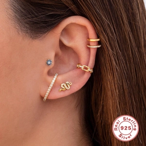 Elegant 925 sterling silver gold plated piercing set with zircon flower and snake motifs