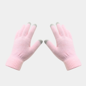 Pink knitted thermal gloves with grey touchscreen tips and ribbed cuffs for winter