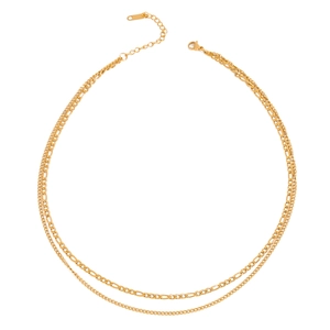 Detailed view of layered gold-plated stainless steel Figaro and curb chain necklaces