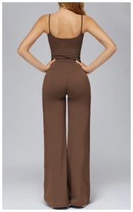 Rear view of brown yoga set featuring a slim camisole and high-waisted wide-leg pants