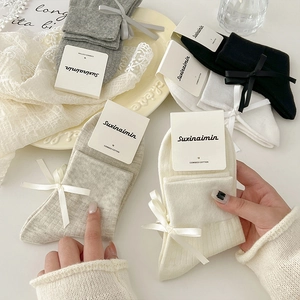 Sweet Japanese style crew socks with satin ribbons in cream white and pastel colors