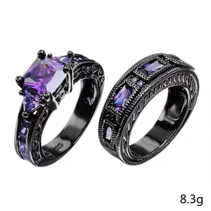 Vintage black gold plated ring set with large square purple zircon and matching band
