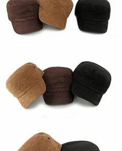 Detailed close-up showing suede military caps in black, dark brown, and khaki with side vents