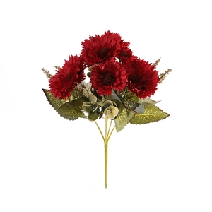 Artificial bouquet with dark red chrysanthemum flowers and green leaves on white background