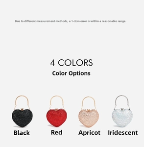 Four colors of heart-shaped rhinestone evening clutch bags with metallic ring handles