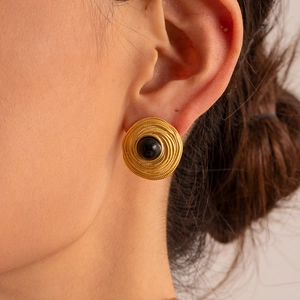 Vintage Geometric Round Earrings Spiral Texture Black Onyx Inlay Stainless Steel Court Style Jewelry For Women