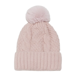 Detail of light pink cable knit beanie with soft faux fur pom and ribbed cuff texture