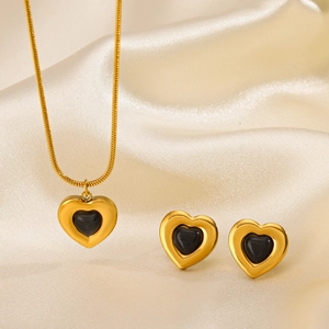 Stainless Steel Heart Necklace And Earrings Black Gemstone Gold Plated Snake Chain Fashion Jewelry For Women