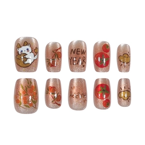 Kit de faux ongles œil de chat avec chat festif, kaki et design artistique de Nouvel An