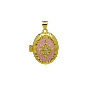 Détail d'un médaillon ovale doré avec émail rose et motif étoile à huit branches brillant