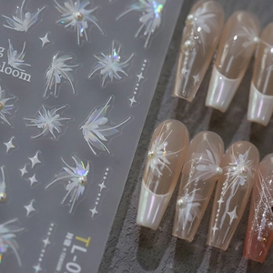 3D holographic floral nail stickers with white relief flowers and pearl accents for manicure