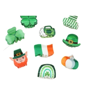 9pcs St. Patrick's Day hair claws featuring green shamrocks, gnomes, and rainbow designs