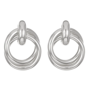 Detailed view of silver interlocking multi-hoop earrings with smooth metallic finish