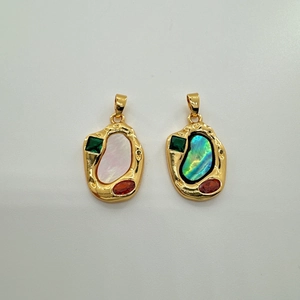 Irregular gold-plated pendants with white shell and abalone shell inlays and crystals