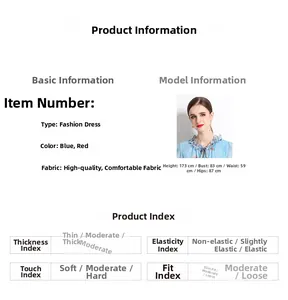 Size guide and material details for blue floral chiffon long sleeve waist dress