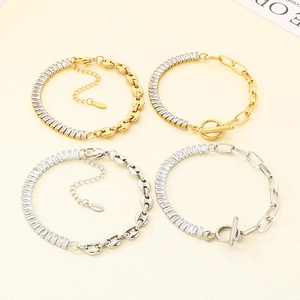 Detail of stainless steel bracelets with zircon stones and OT buckle chain design