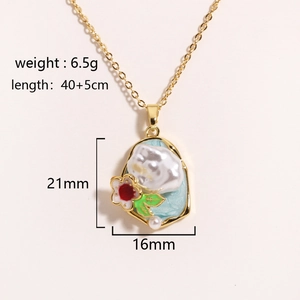 Detail of oil painting floral pendant and baroque pearl showing weight and dimensions