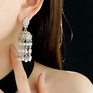 Vintage silver tassel earrings with pearls and crystals for a luxury aesthetic style