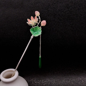 Bastoncino Per Capelli Loto Vintage Lega Smalto Fiore Nappina Pendente A Goccia Stile Cinese Accessorio Per Capelli