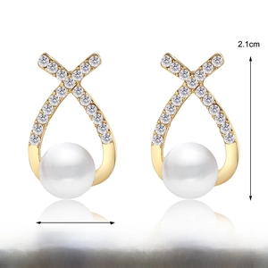 Elegant French vintage cross stud earrings with pearls and crystals in gold finish
