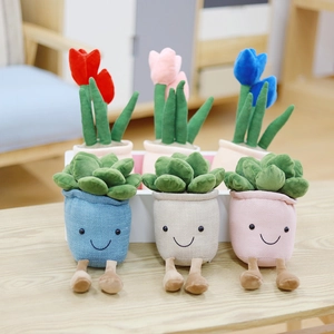 Group of plush tulip and succulent potted plants with smiley faces on wooden table