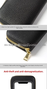 Detail of RFID blocking card holder featuring premium lychee texture and smooth metal zipper