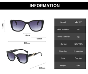 Detailed size chart for oversized cat-eye sunglasses with twisted metal temples