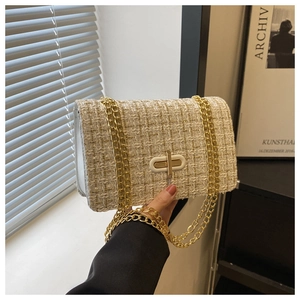 Detail of tweed crossbody bag featuring gold chain strap and oval twist lock closure