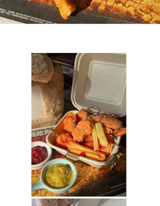 Realistic fast food keychain set with fried chicken and fries in a takeout box