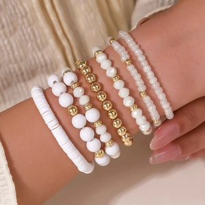 6-piece layered acrylic crystal and alloy bead stretch bracelet set in white and gold