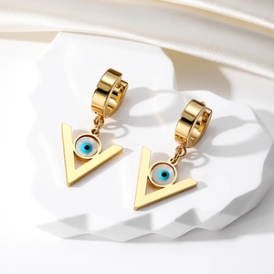 Minimalist evil eye triangle drop earrings with gold finish on elegant white silk base