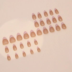 French tip press-on nails with nude pink base and V-shaped light pink tips in 24pcs set