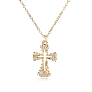 Cross pendant necklace with 18K gold plating and pavé-set zircon stones on white background