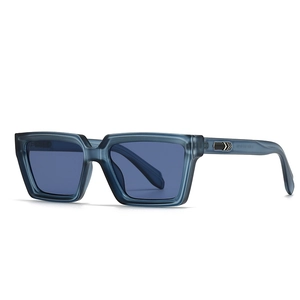 Fashionable blue translucent rectangular sunglasses with silver arrow metal ornaments