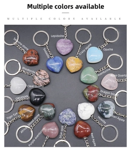 Collection of 18 colorful 30mm heart-shaped natural crystal and agate stone keychains