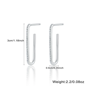 Detailed view of silver S925 U-shape earrings with zircon inlay and size dimensions