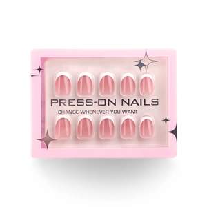 Classic French tip press-on nails in nude pink jelly base with white edges in box
