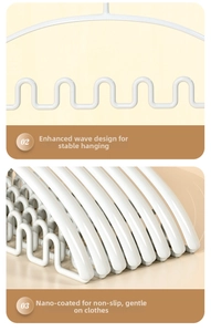 Detail of white wave-shaped hangers with non-slip nano-coating for organized storage