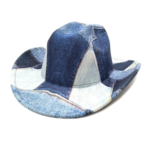 Patchwork denim cowboy hat featuring multi-tone blue fabric for a retro western style